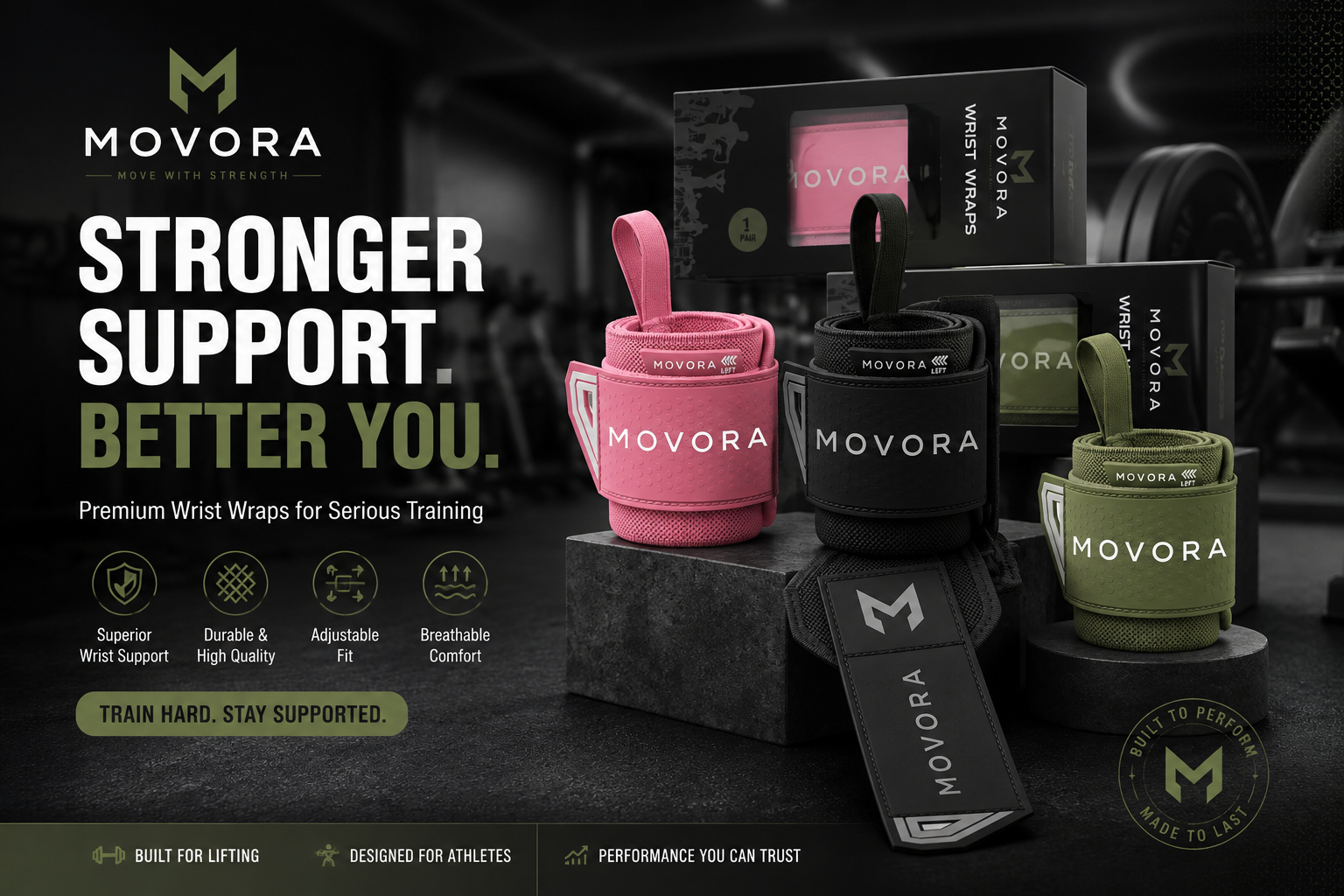 MOVORA wrist wraps in pink, black and olive