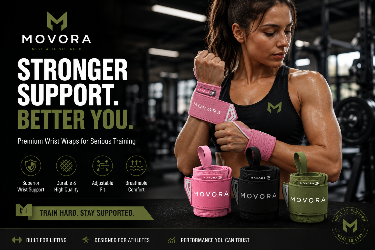 Woman securing pink MOVORA wrist wraps before training